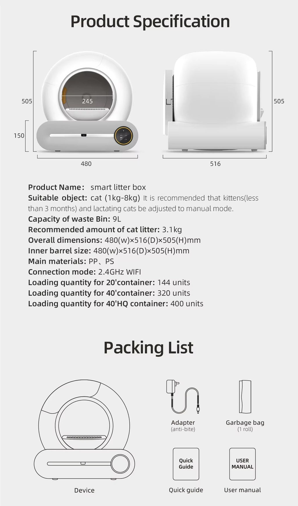 SCLB-XT-05 Self Cleaning Cat Litter Box 65L Large Capacity Smart Automatic Cat Litter Box With APP Control for Multiple Cats