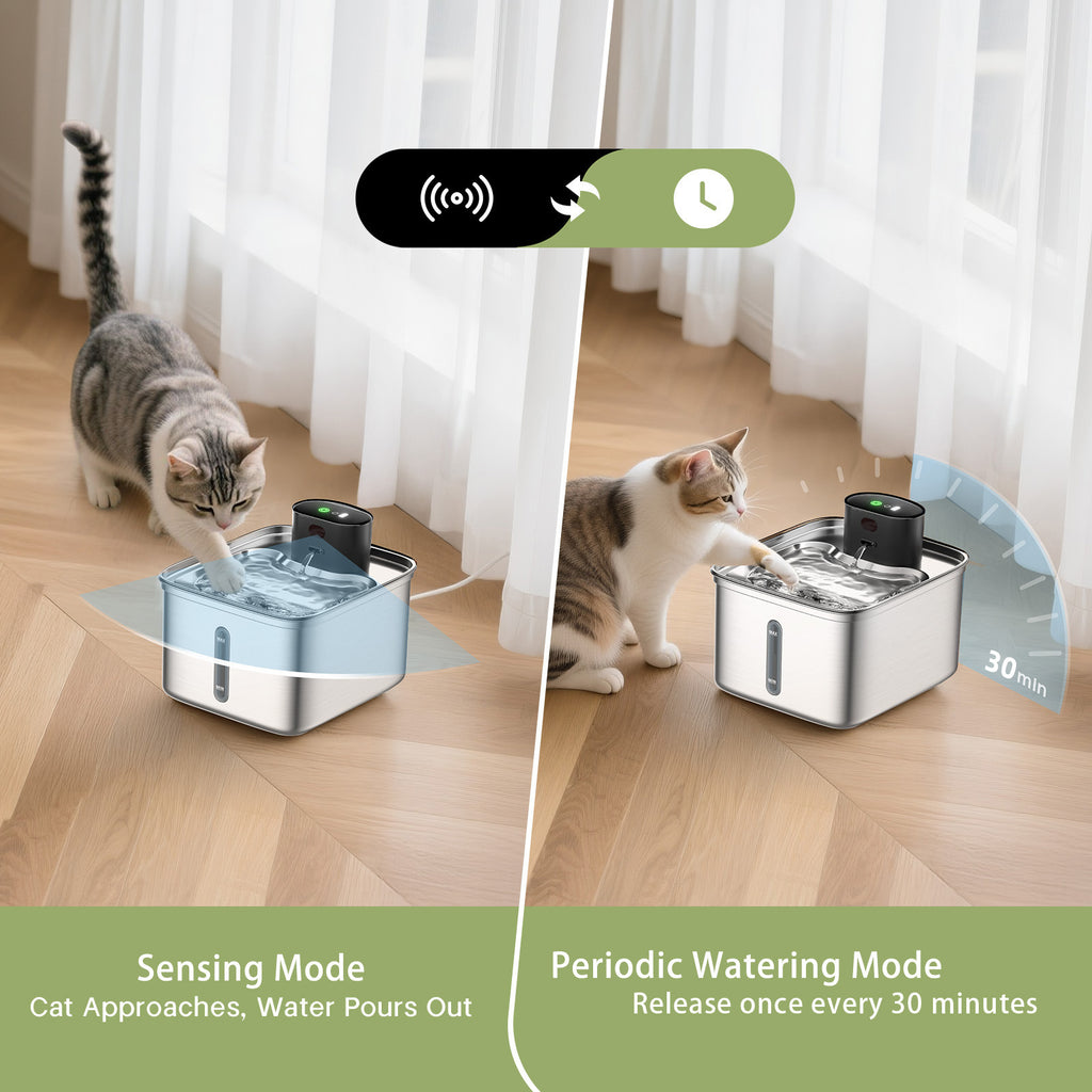 PWF-XT-10 3.5L Wireless Stainless Steel Cat Water Fountain 108oz/3.2L 3-Modes Indoor Cordless Battery Pet Drinking Fountain