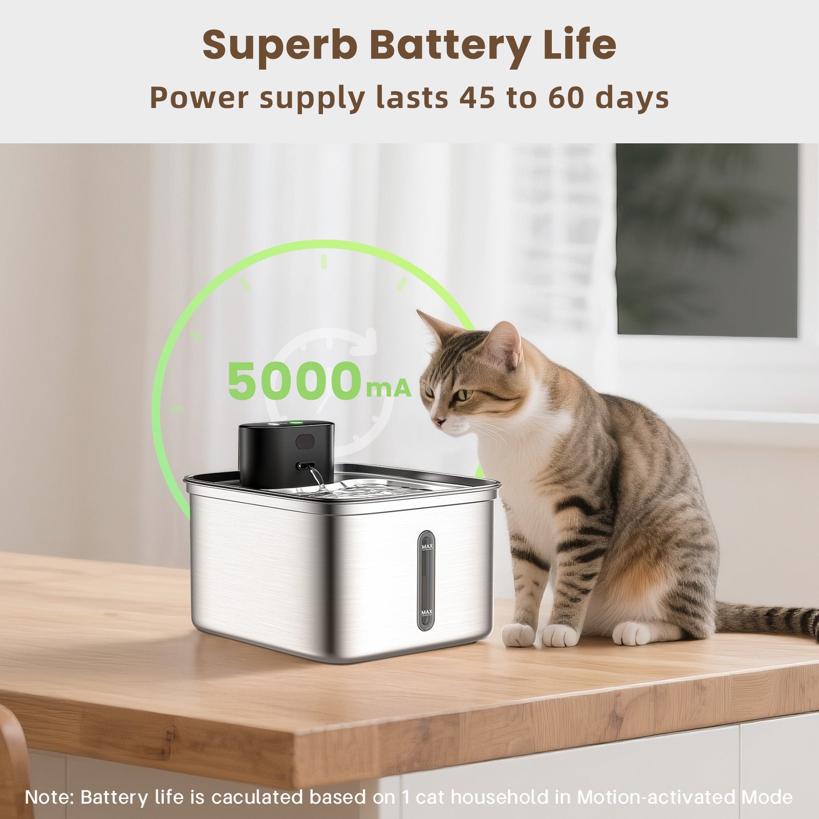 PWF-XT-10 3.5L Wireless Stainless Steel Cat Water Fountain 108oz/3.2L 3-Modes Indoor Cordless Battery Pet Drinking Fountain