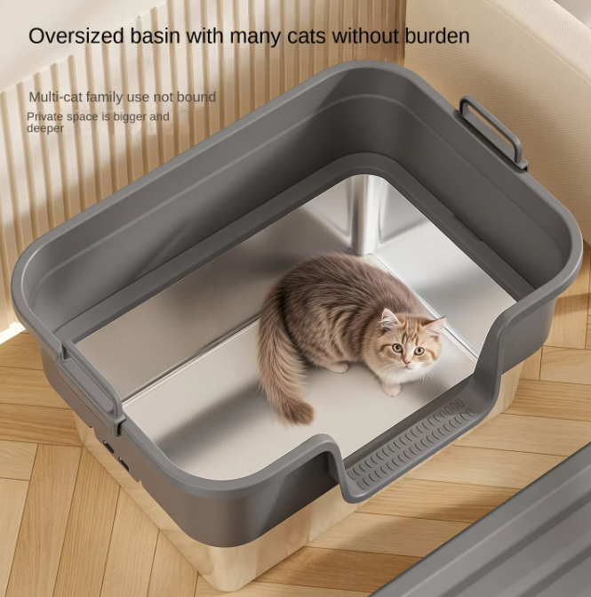CLB-XT-02 Fully Enclosed Oversized Cat Litter Box Portable Stainless Steel & Plastic Toilet with Splash-Proof and Urine-Proof Accessory