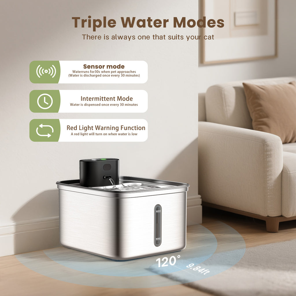 PWF-XT-10 3.5L Wireless Stainless Steel Cat Water Fountain 108oz/3.2L 3-Modes Indoor Cordless Battery Pet Drinking Fountain