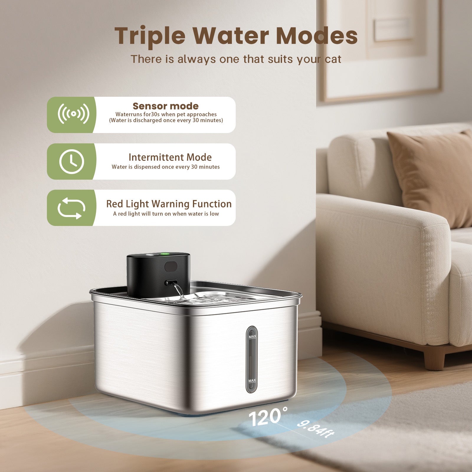 PWF-XT-10 3.5L Wireless Stainless Steel Cat Water Fountain 108oz/3.2L 3-Modes Indoor Cordless Battery Pet Drinking Fountain