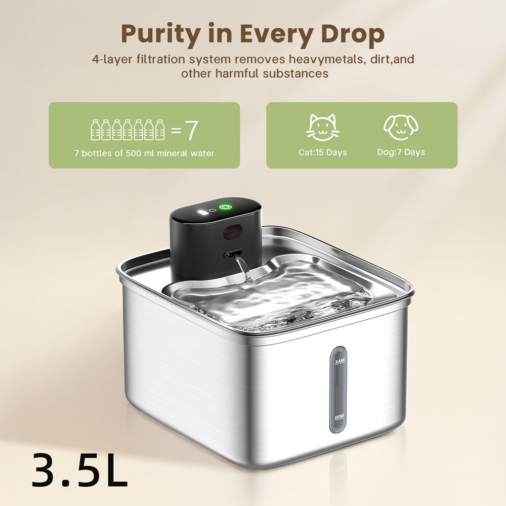 PWF-XT-10 3.5L Wireless Stainless Steel Cat Water Fountain 108oz/3.2L 3-Modes Indoor Cordless Battery Pet Drinking Fountain