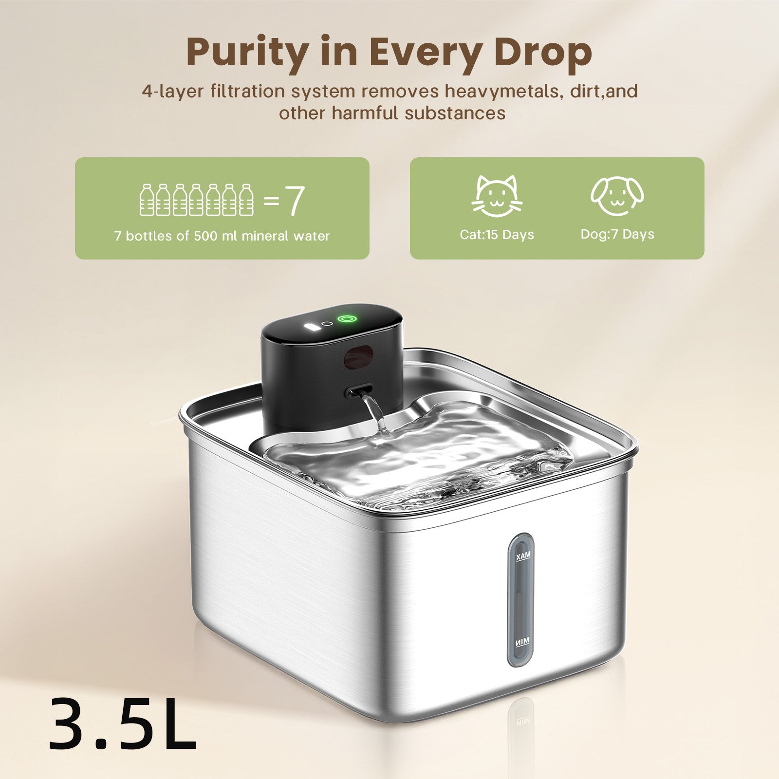 PWF-XT-10 3.5L Wireless Stainless Steel Cat Water Fountain 108oz/3.2L 3-Modes Indoor Cordless Battery Pet Drinking Fountain