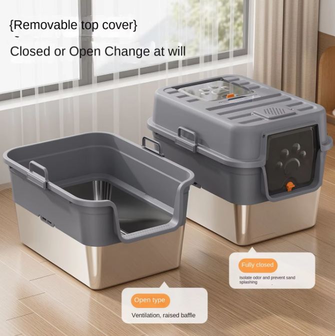 CLB-XT-02 Fully Enclosed Oversized Cat Litter Box Portable Stainless Steel & Plastic Toilet with Splash-Proof and Urine-Proof Accessory