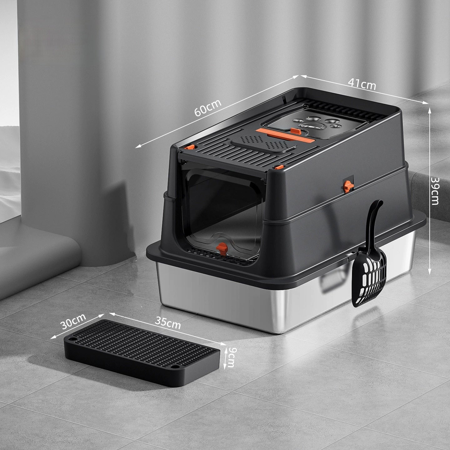 CLB-XT-02 Fully Enclosed Oversized Cat Litter Box Portable Stainless Steel & Plastic Toilet with Splash-Proof and Urine-Proof Accessory