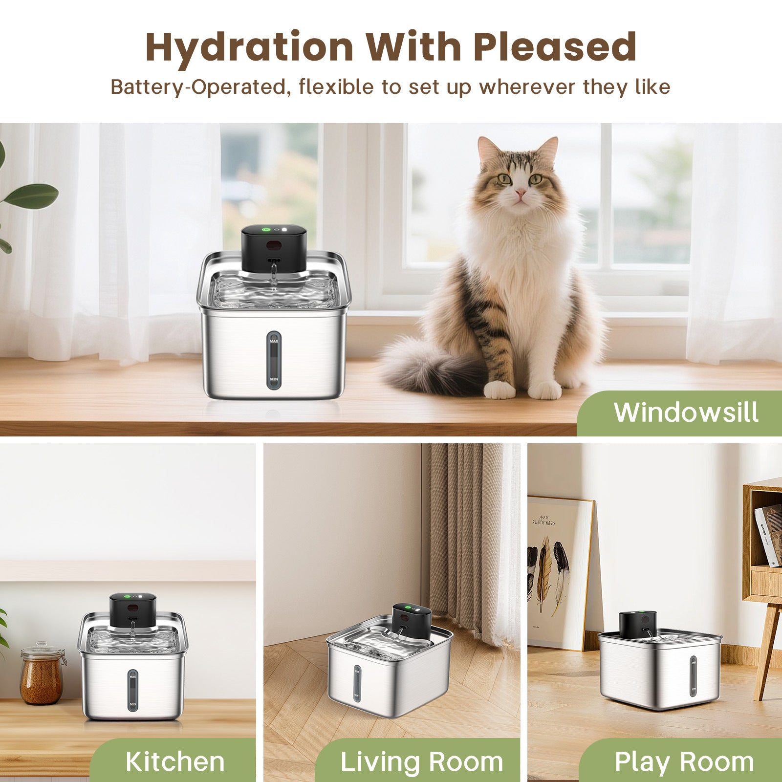 PWF-XT-10 3.5L Wireless Stainless Steel Cat Water Fountain 108oz/3.2L 3-Modes Indoor Cordless Battery Pet Drinking Fountain