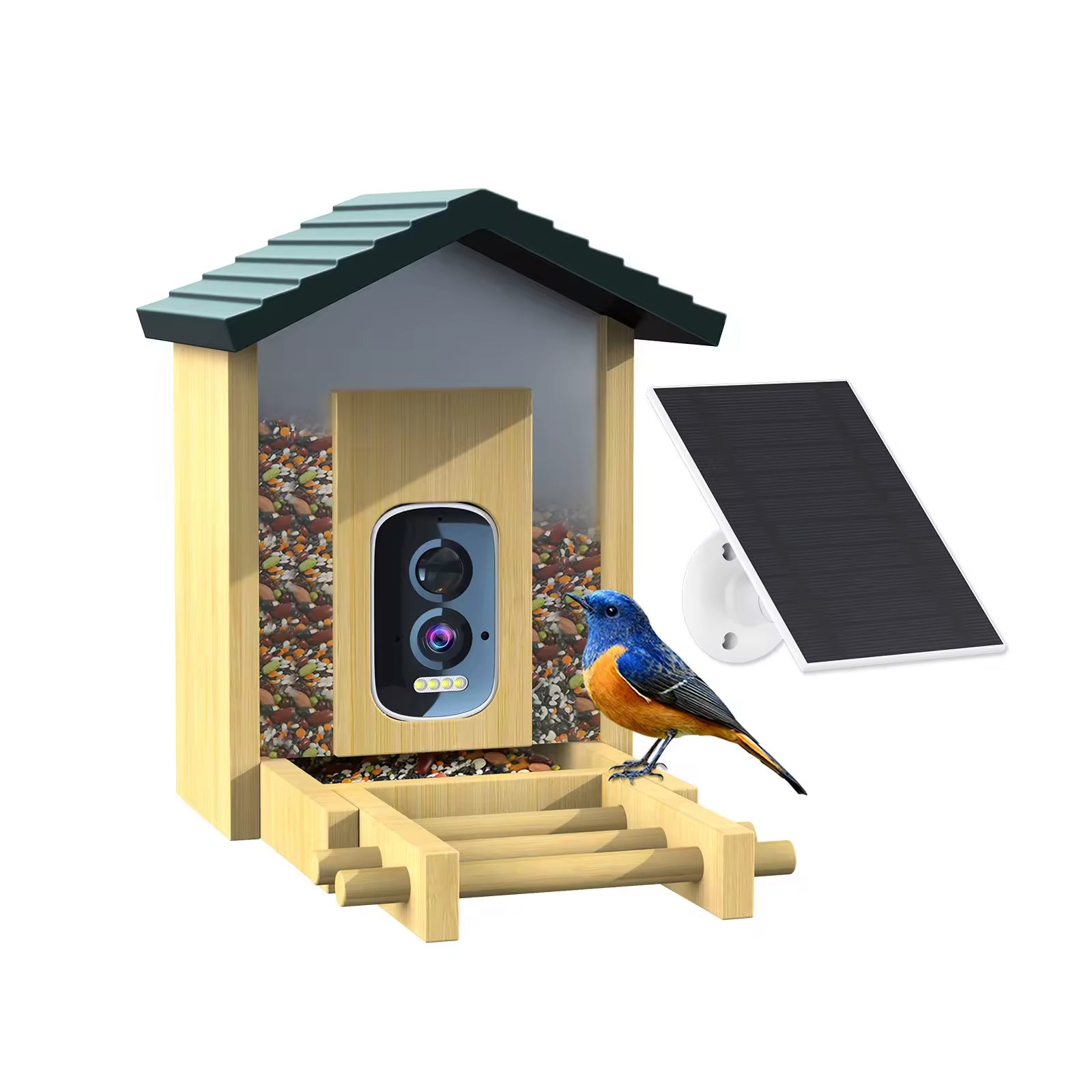 PXT-B10-S  Natural Bamboo Wood Material 5MP HD Pixel 2.5K Resolution AI Recognition Smart Bird Feeder