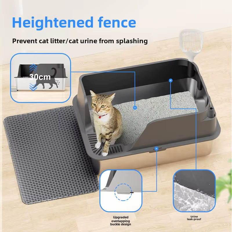 CLB-XT-010 Hign-Sided Durable Removable Lid Easy Cleaning Large Open Stainless Steel Cat Litter Box With Scoop