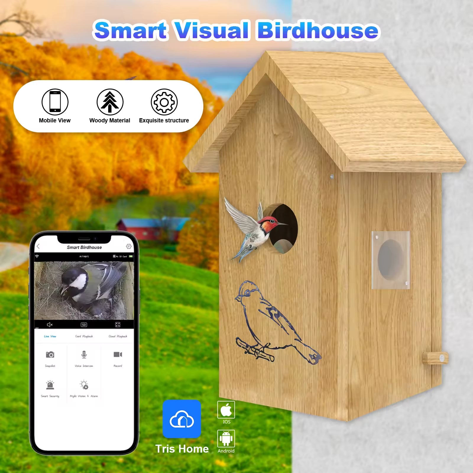 PXT-NB02  1080P Bird Nest Battery Powered Bird Nesting Hatching in Real Time Smart Solid Wood Bird House With Camera