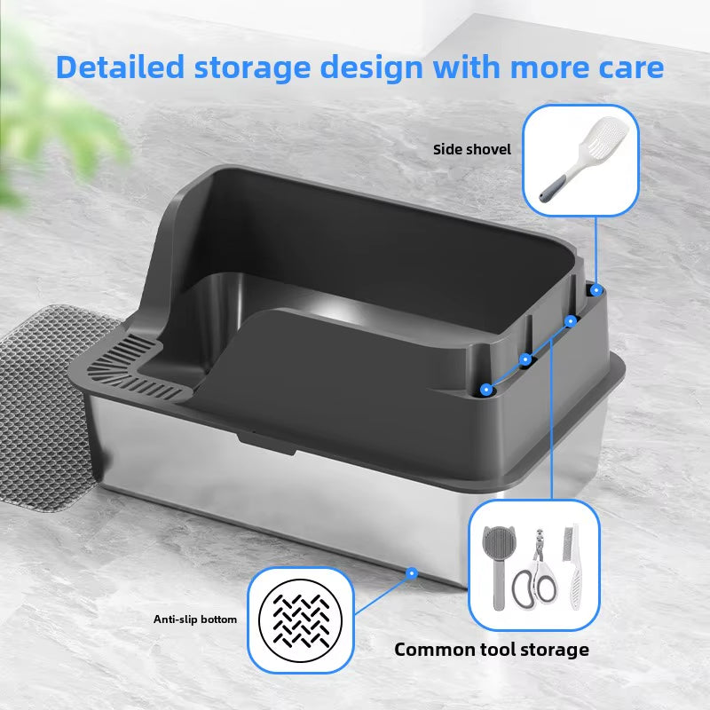CLB-XT-010 Hign-Sided Durable Removable Lid Easy Cleaning Large Open Stainless Steel Cat Litter Box With Scoop