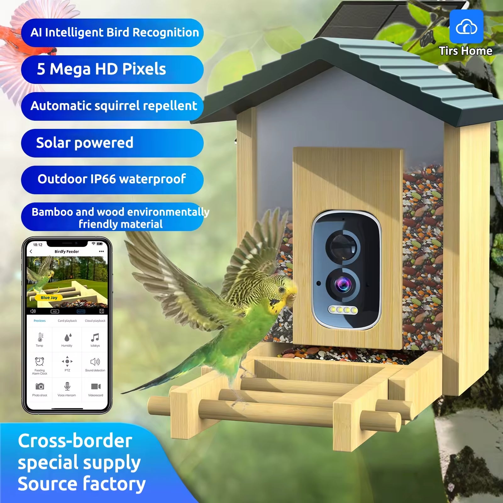 PXT-B10-S  Natural Bamboo Wood Material 5MP HD Pixel 2.5K Resolution AI Recognition Smart Bird Feeder
