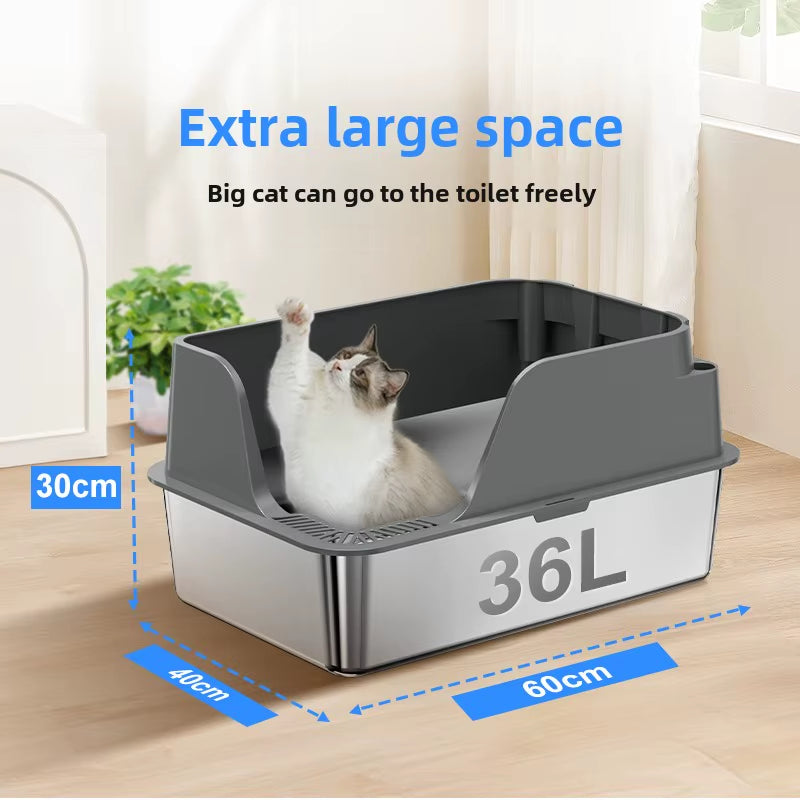 CLB-XT-010 Hign-Sided Durable Removable Lid Easy Cleaning Large Open Stainless Steel Cat Litter Box With Scoop
