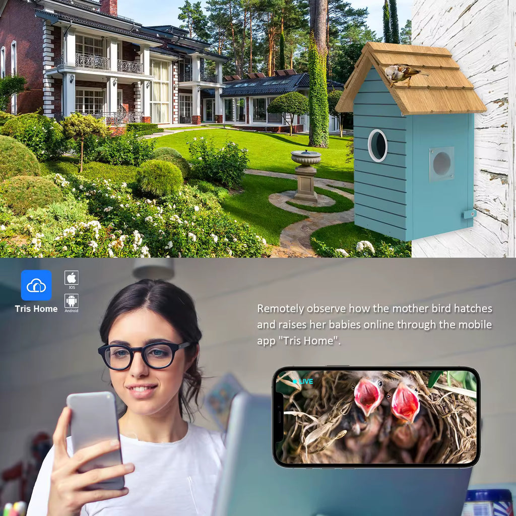 PXT-NB03  Oniya Smart Bird House 3MP HD Photos Inside Wood Bird Hatchery with Camera AI Bird Species Identification